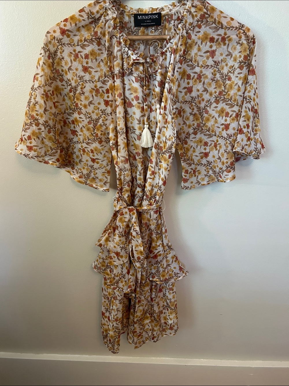 MINKPINK Cream Floral Ruffle Tie-Front Dress with Mustard & Rust Accents